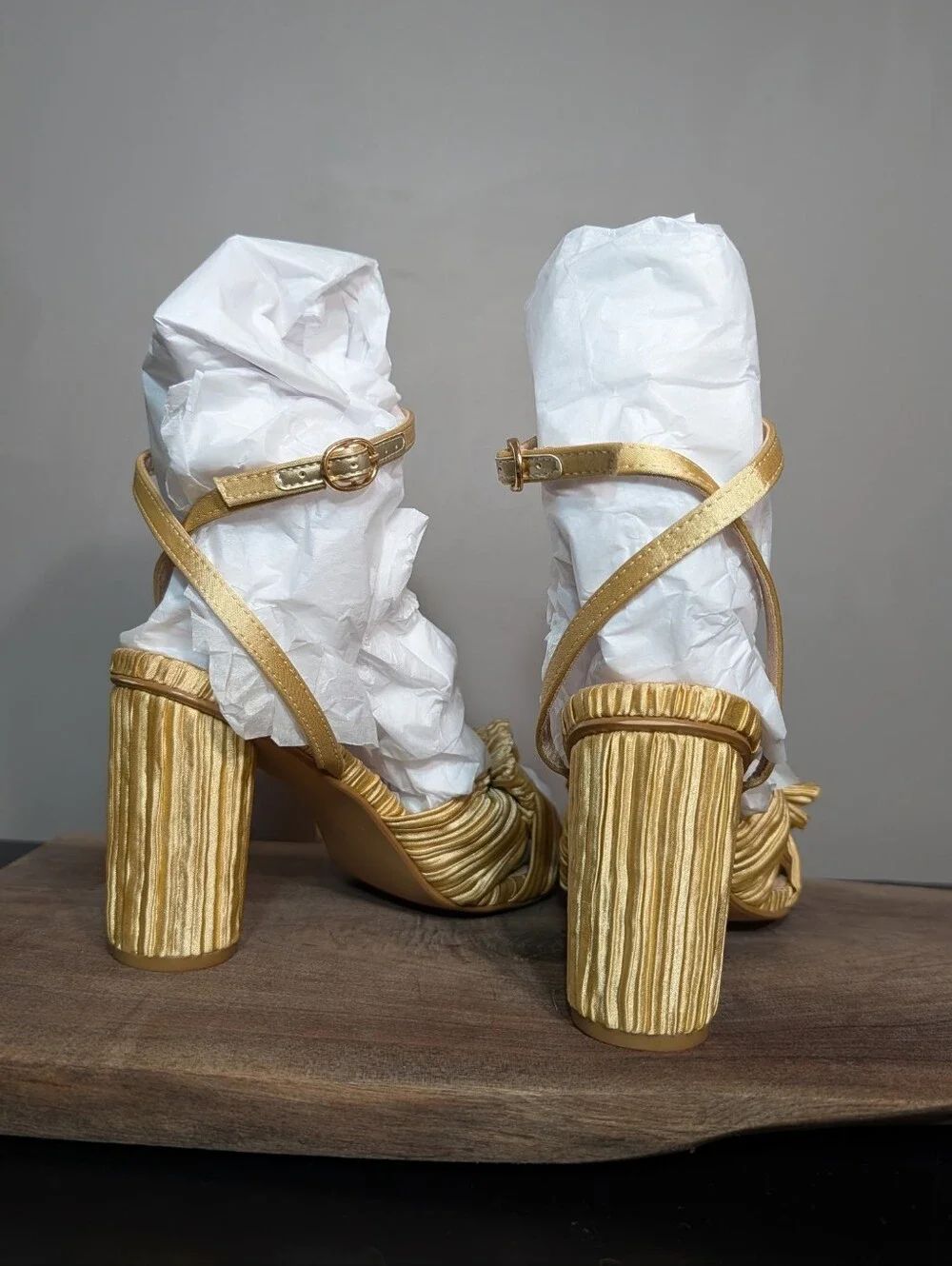 Gold Yellow Pleated Knot-Accent High Heel Sandals - Women